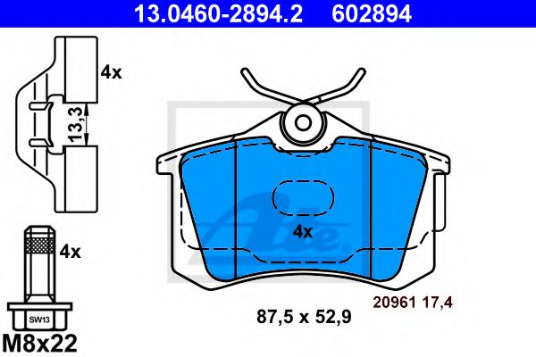 13046028942 ATE Колодки тормозные VAG A3/FABIA/GOLF5/GOLF6/POLO 99- задн.