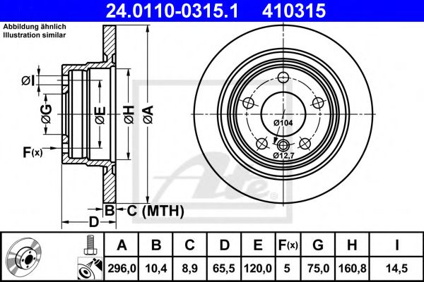 24011003151 ATE Диск тормозной BMW 3(E90) 05- задн.296x10.5 мм. 5 о