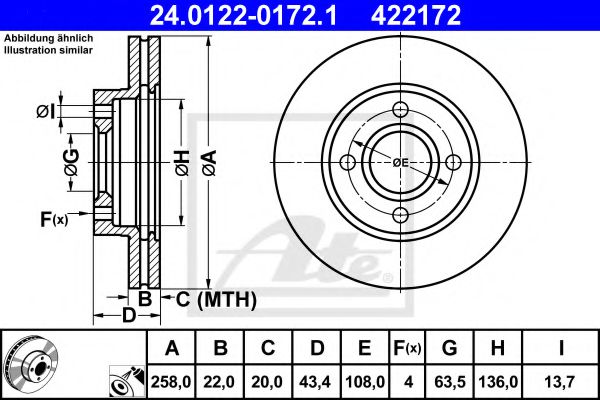24012201721 ATE Диск тормозной FORD/DA FIESTA/FOCUS1/FUSION/2 -04 перед.