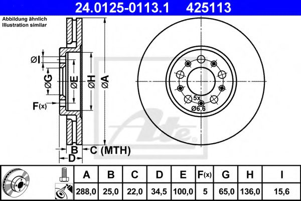 24012501131 ATE Диск тормозной VAG A3/FABIA/OCTAVIA/BORA/GOLF 4/POLO 96- перед. 288 мм.