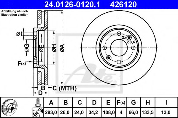 24012601201 ATE Диск тормозной PSA BERLINGO/C2/C3/C4/C5/DS3/206/207/3007/307/308/5008/PARTNER 00- перед.