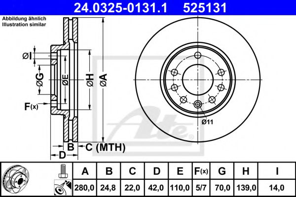 24032501311 ATE Диск тормозной OPEL ASTRA H передн.280x24,8 мм. 5 о Power Disc
