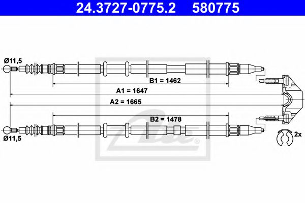 24372707752 ATE ТРОС РУЧНОГО ТОРМОЗА OPEL ASTRA-H (ДИСКОВЫЕ ТОРМОЗА-ЗАДНИЙ) 0304~