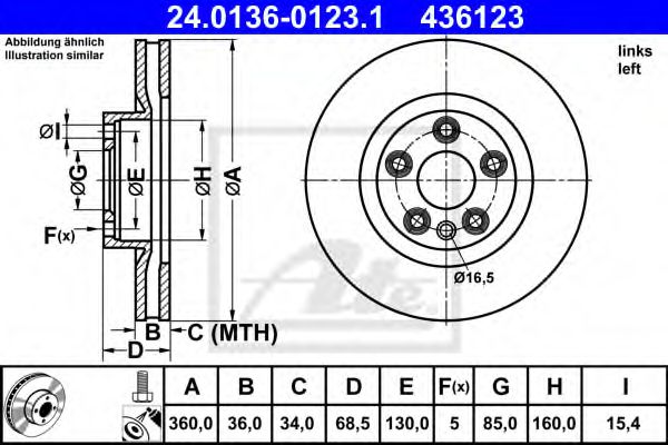 24013601231 ATE Диск тормозной передн, левый, VW: TOUAREG 1- PORSCHE: CAYENNE 1-
