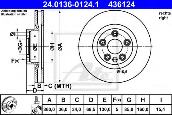 24013601241 ATE Диск тормозной передн, правый, VW: TOUAREG 1- PORSCHE: CAYENNE 1-
