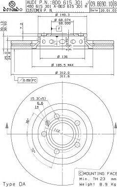 09869011 BREMBO Диск тормозной VAG A4/A6/PASSAT -08 перед. D=312