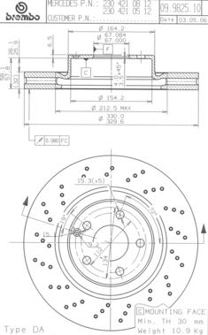 09982511 BREMBO диск тормозной передн mercedes-benz sl (r230) (10