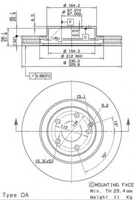 09982521 BREMBO Диск тормозной MERCEDES W211 280-500 02-/C219 280-500 04- передний вент.D=330мм. Brembo