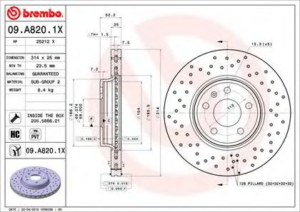 09A8201X BREMBO Диск тормозной вентилируемый, перфорированный
