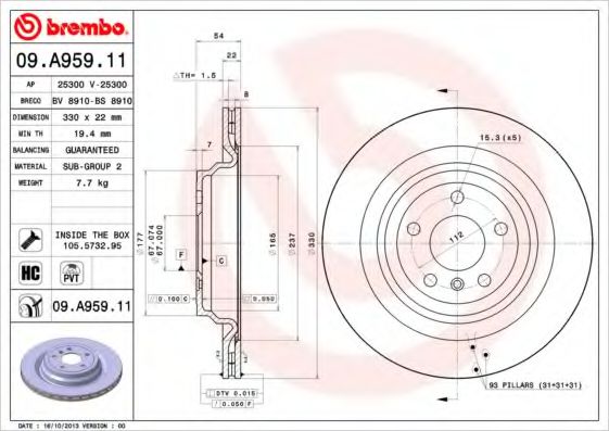 09A95911 BREMBO Диск тормозной задний