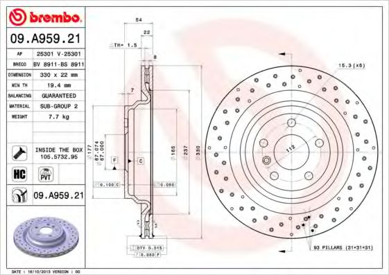 09A95921 BREMBO Диск тормозной mercedes ml w166 (со спорт.пакетом) задний d330мм