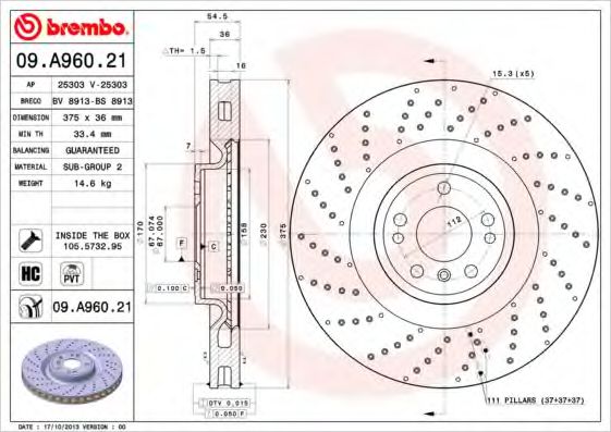 09A96021 BREMBO Диск тормозной передний mercedes w166, x166 4-matic (375мм) Brembo