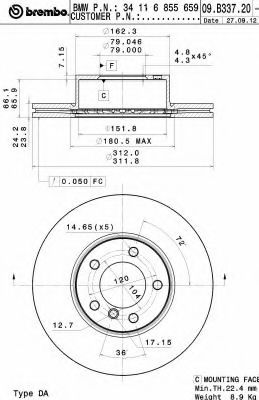09B33721 BREMBO Диск тормозной bmw 3 e909192 2.0-2.5 05-x1 e84 2.0 09- передний d312мм.