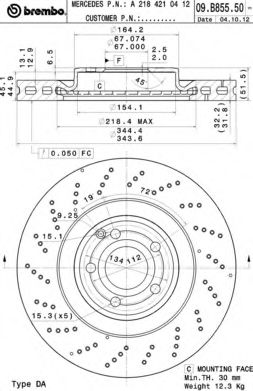 09B85551 BREMBO Тормозной диск fr mb c218, x218 окр. перфор. 12-