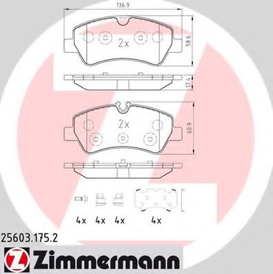256031752 ZIMMERMANN колодки тормозные зад. ford tourneo custom bus 2.2 tdci 12.2012 -