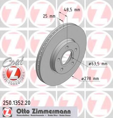 250135220 ZIMMERMANN Диск тормозной FORD FOCUS 2 04- перед.вент.Coat Z