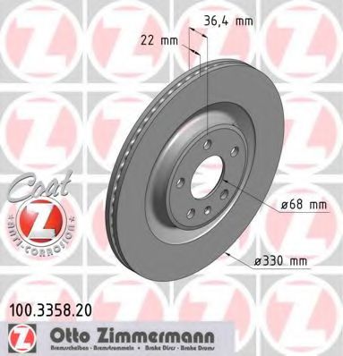 100335820 ZIMMERMANN Диск тормозной задний 330 мм A4-Q7 TOUAREG (CR7) 17- MACAN Zimmermann